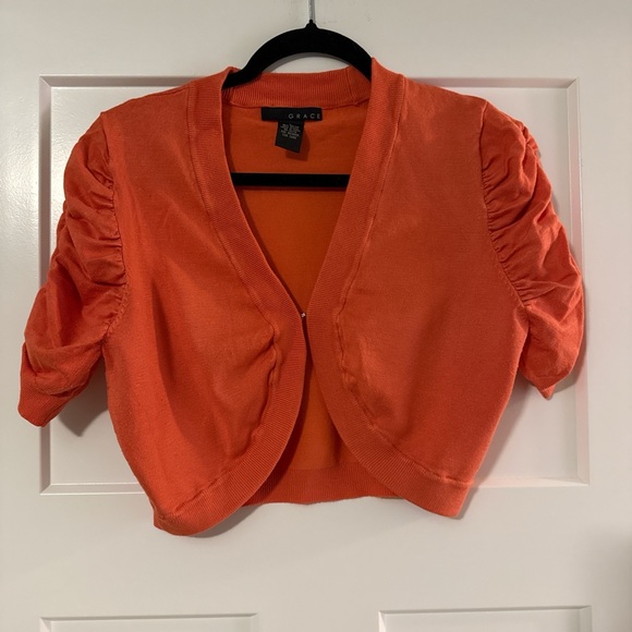 Grace Sweaters - Grace Bright Orange Shrug with Ruched Sleeves